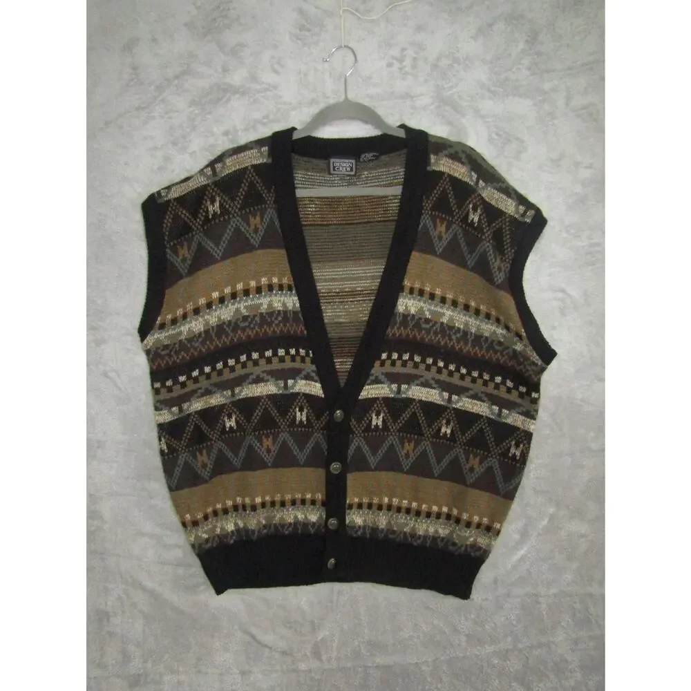 Vintage 90s Design Crew Knit Sweater Vest Men's 2LT Geometric Aztec Pattern Retr